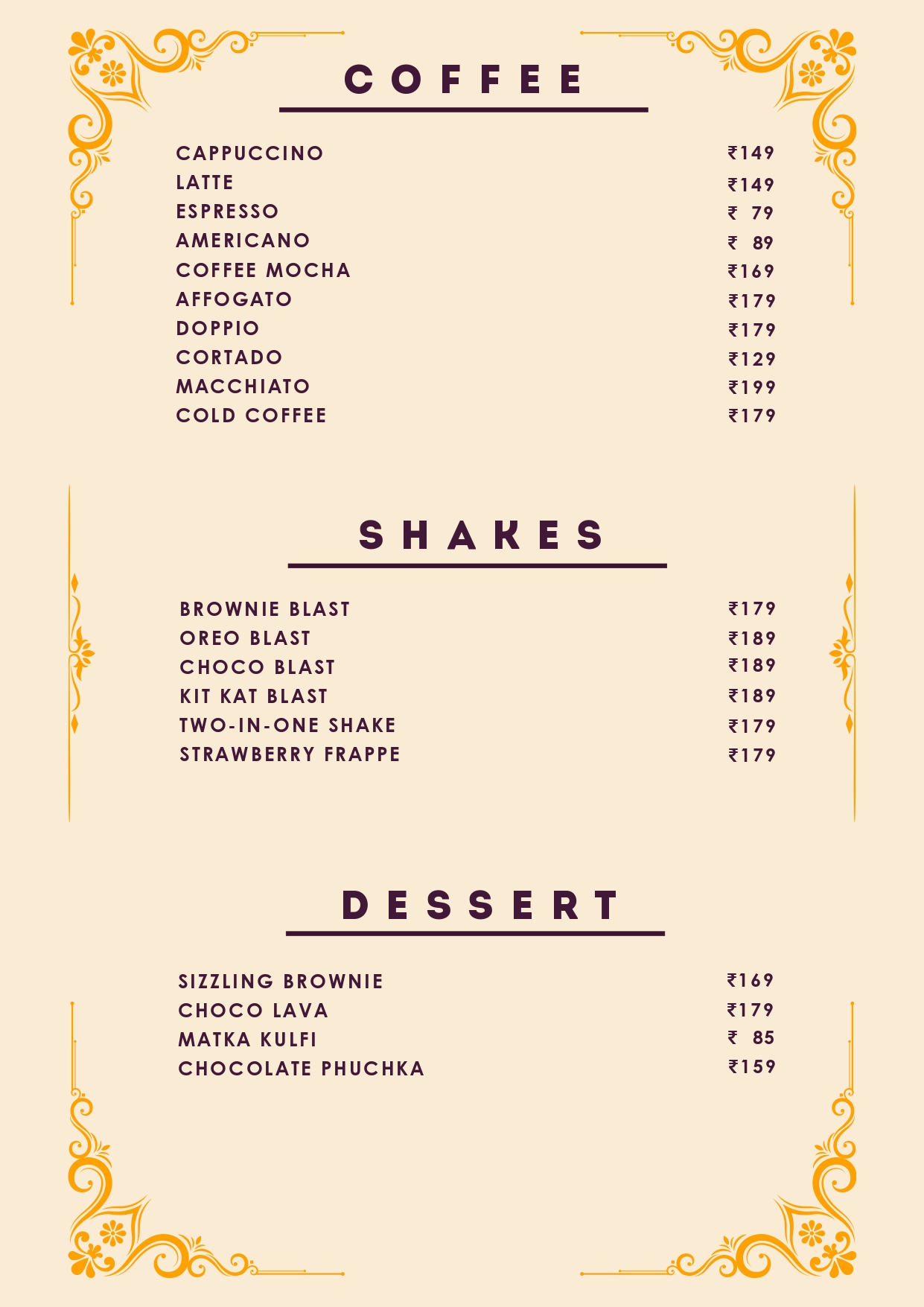 Windfall Cafe Menu Page 1